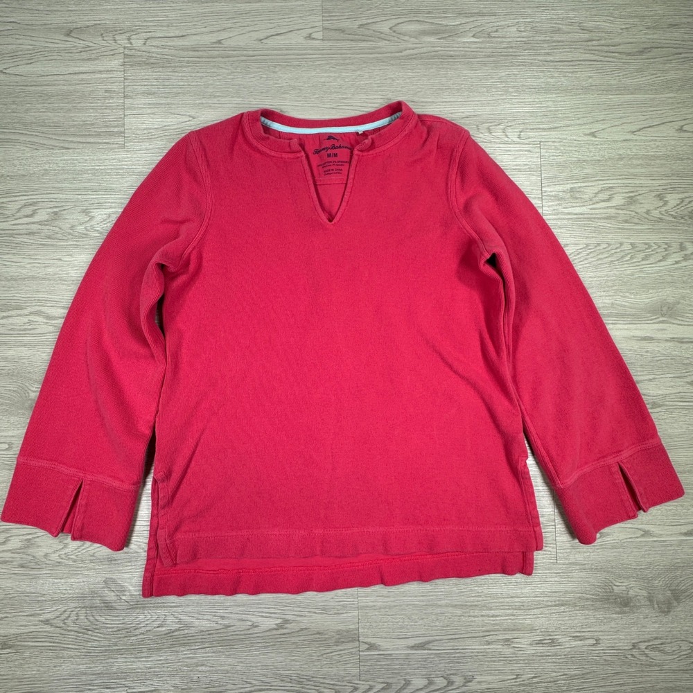 Tommy Bahama Women Top Split Neck Pink Size M Cotton Spandex Vented Cuff Casual